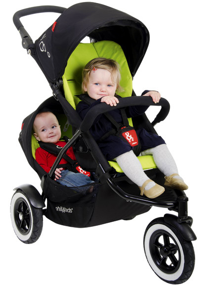 toddler and baby in phil and teds dot pram