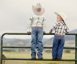 Two young boys cowboys standing on gate - feature