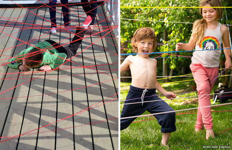 Kids playing in a string maze