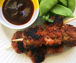 Smokey barbecue beef and bacon meatball skewers recipe - feature