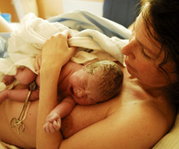 Newborn baby lying on mother's chest after birth - feature