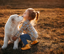 Toddler girl hugging dog outdoors - feature