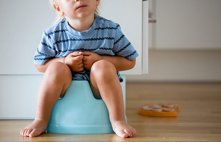 Toddler boy sitting on potty toilet training - feature