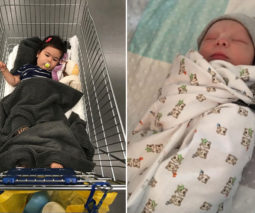 Toddler in trolley and baby swaddled with clothesline peg