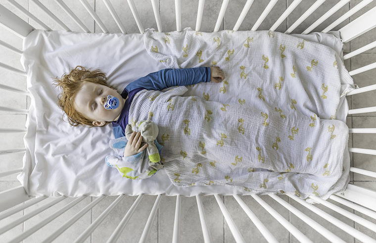 Toddler asleep in cot with dummy and teddy - feature