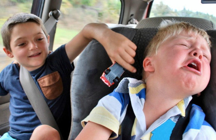 Boys fighting in the backseat of the car