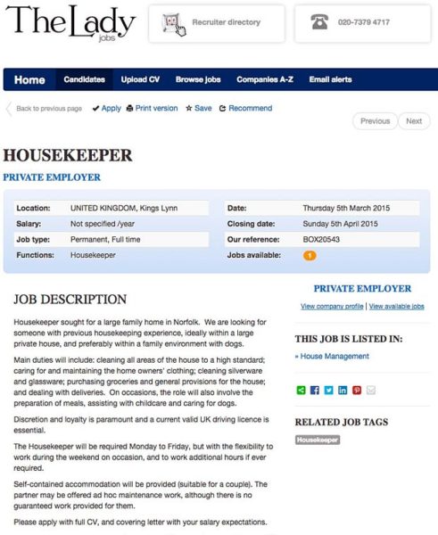 Royal family housekeeper ad