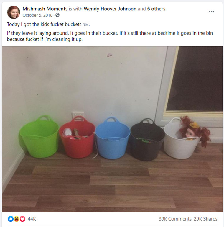 MishMash Moments blogger's "fucket buckets" kids cleaning hack