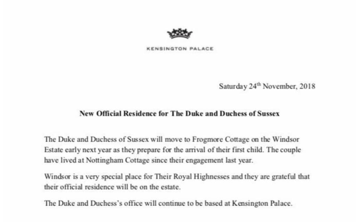 Frogmore cottage move statement from Palace