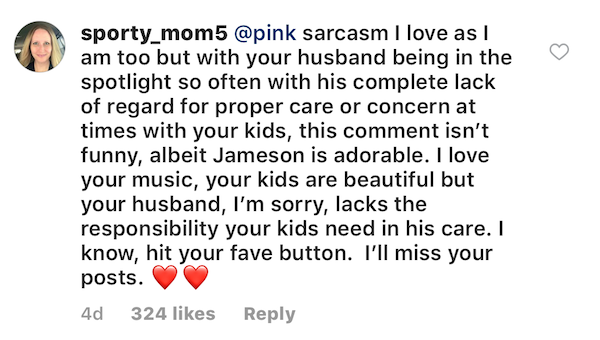 Pink's Instagram comments