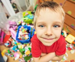 Boy standing in messy room with toys