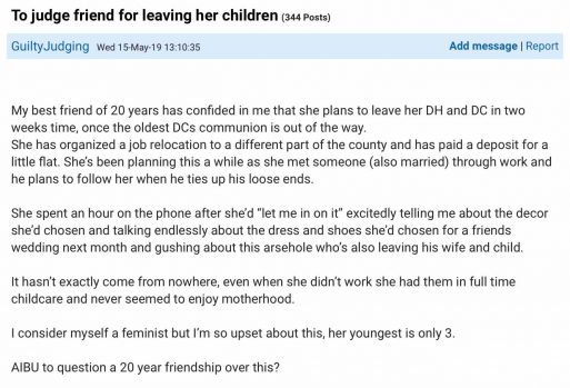 Mumsnet post about friend leaving kids