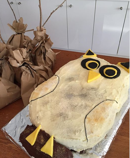 Hedwig birthday cake with broomstick lolly bags