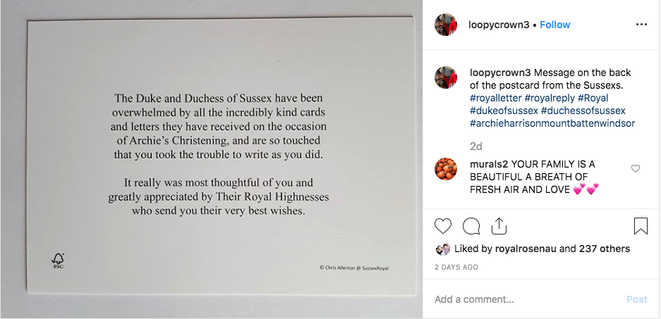 Harry and Meghan's thank you card on Instagram