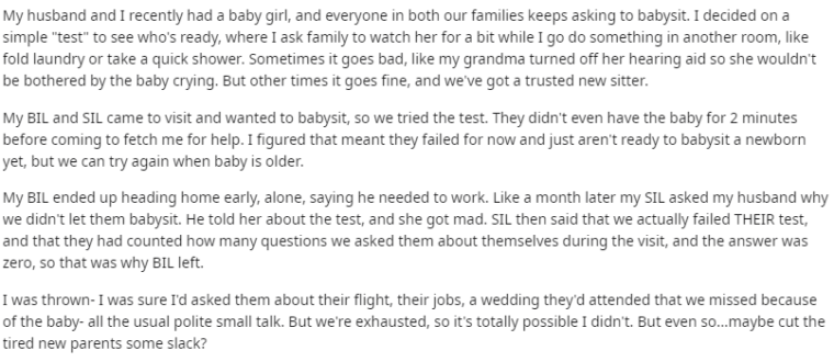 Reddit post about testing family members for babysitting