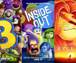 Movie posters for Toy Story 3, Inside Out and Lion King