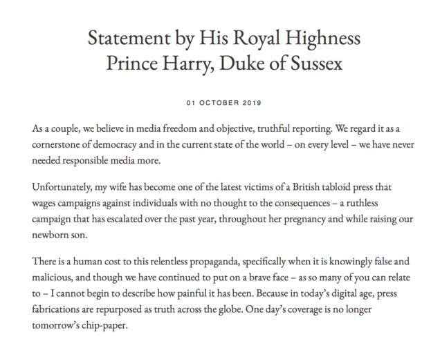 Prince Harry statement