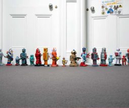 Toy robots in a line