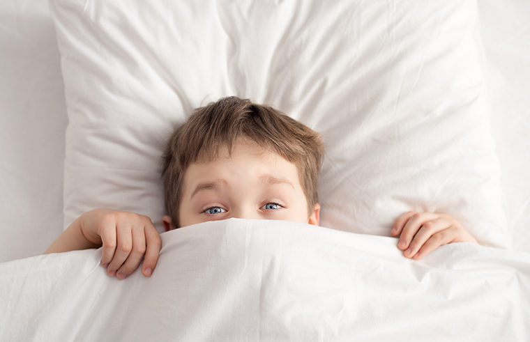 Young boy under blankets in bed feature