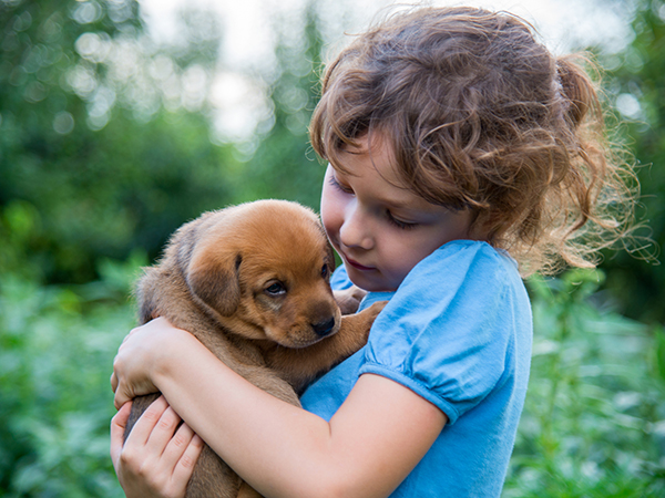 Young girl holding puppy