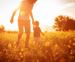 Parent walking with child in a field at sunset