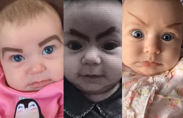 Montage of baby with drawn on eyebrows