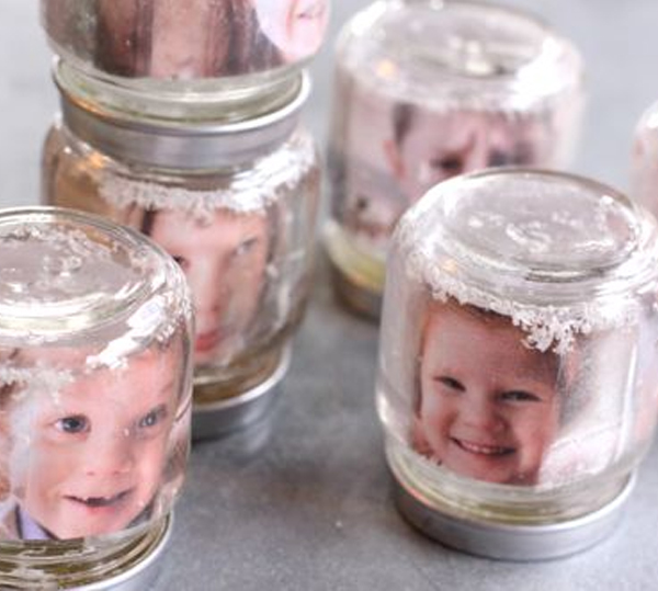 Photo snowglobes made from baby food jars