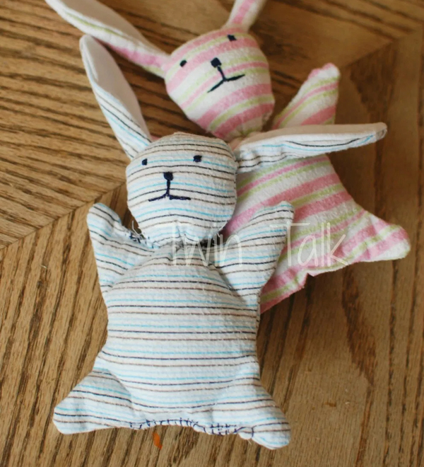 Toy bunnies made from baby blankets