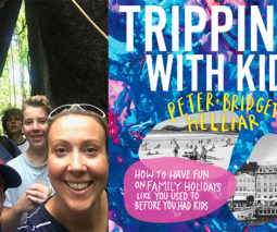 Peter and Bridget Helliar with their kids and the cover of their family travel book