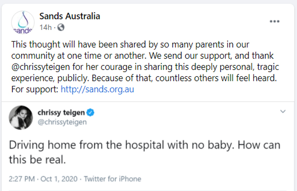Sands Australia Facebook post in support of Chrissy Teigen