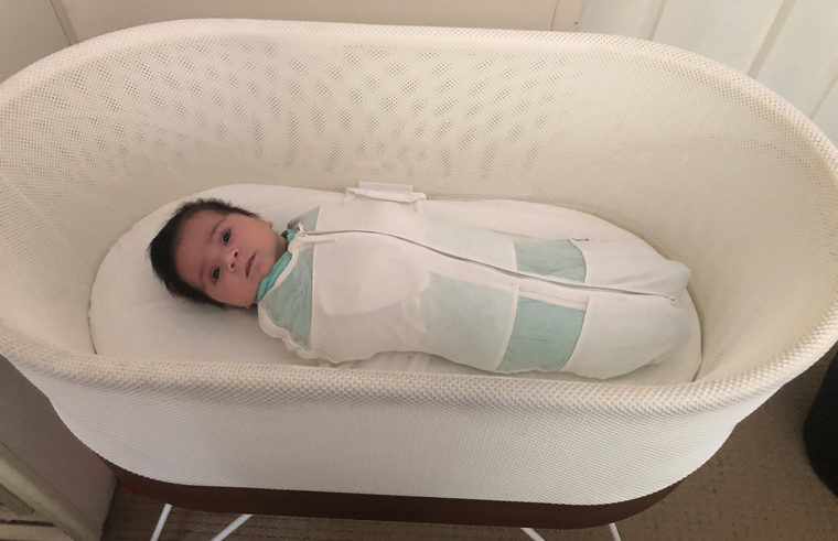 Jessica's daughter Claire in the Snoo bassinet