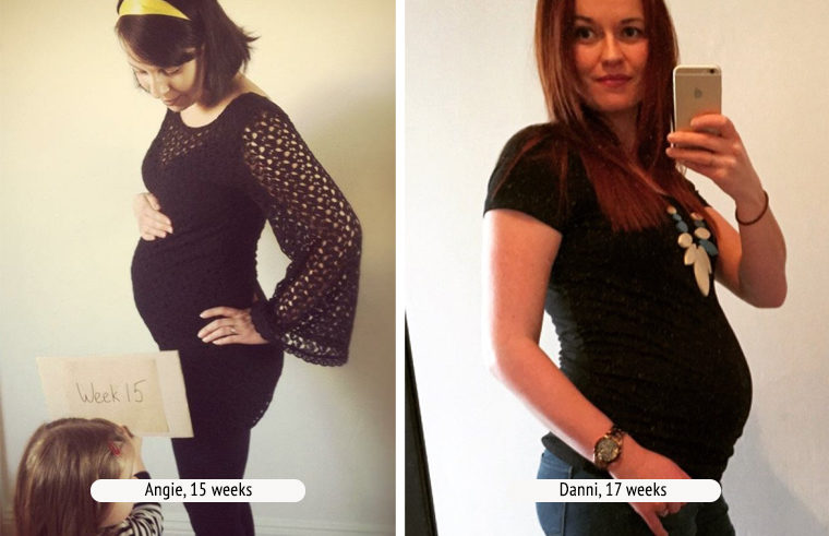 Comparison photo of two pregnant women at 15 and 17 weeks