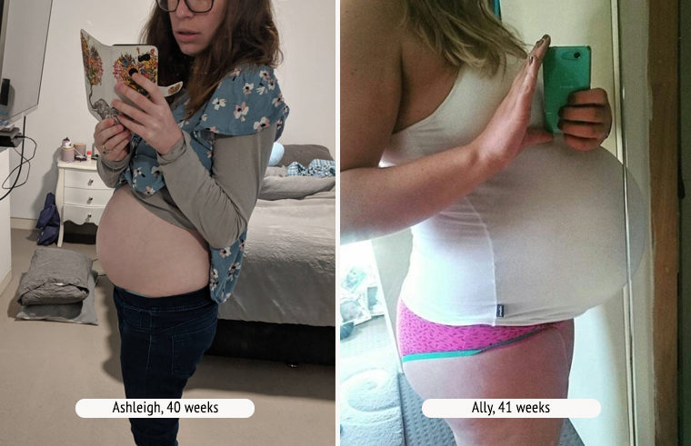 Comparison photo of two pregnant women at 40+ weeks
