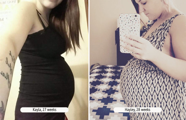 Comparison photo of two pregnant women at 28 weeks