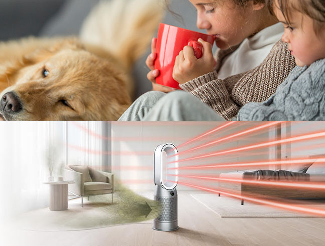 kids on couch with dog and air purifier