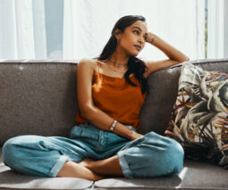 Woman on lounge with crossed legs