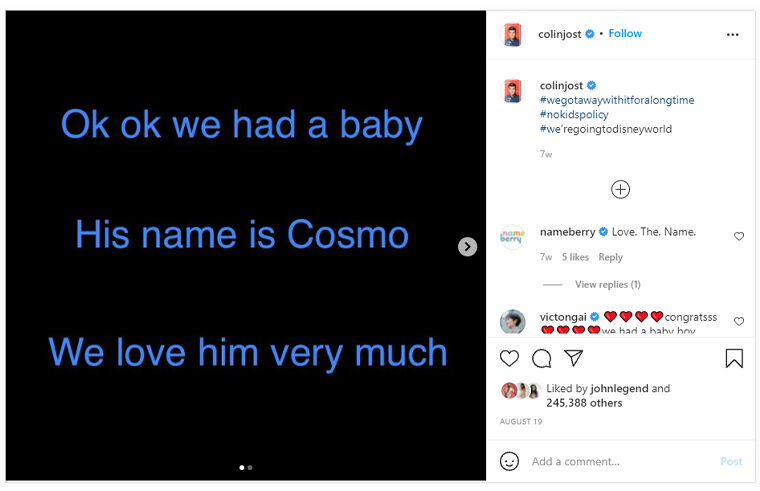 Colin Jost and Scarlett Johanssen - baby Cosmo Instagram announcement